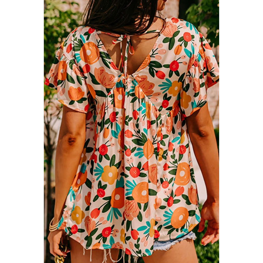 Printed V - Neck Short Sleeve Blouse Apparel and Accessories