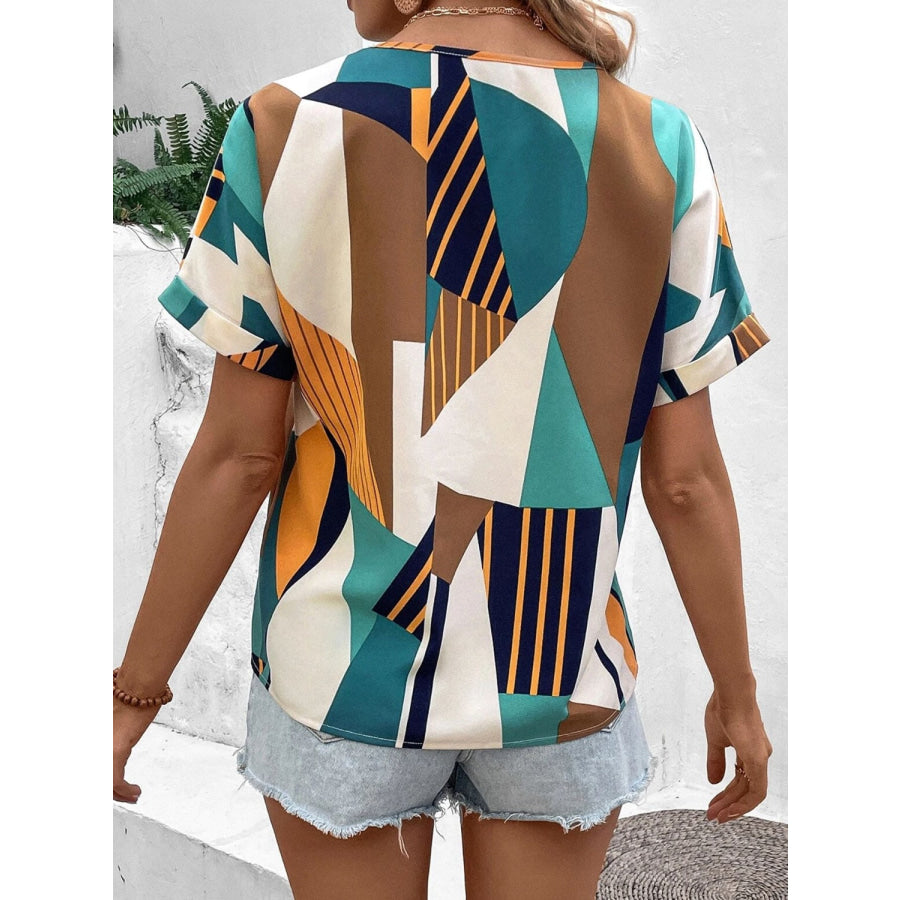 Printed V - Neck Short Sleeve Blouse Apparel and Accessories