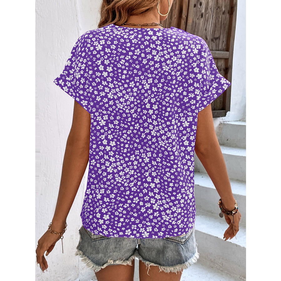 Printed V-Neck Short Sleeve Blouse Apparel and Accessories