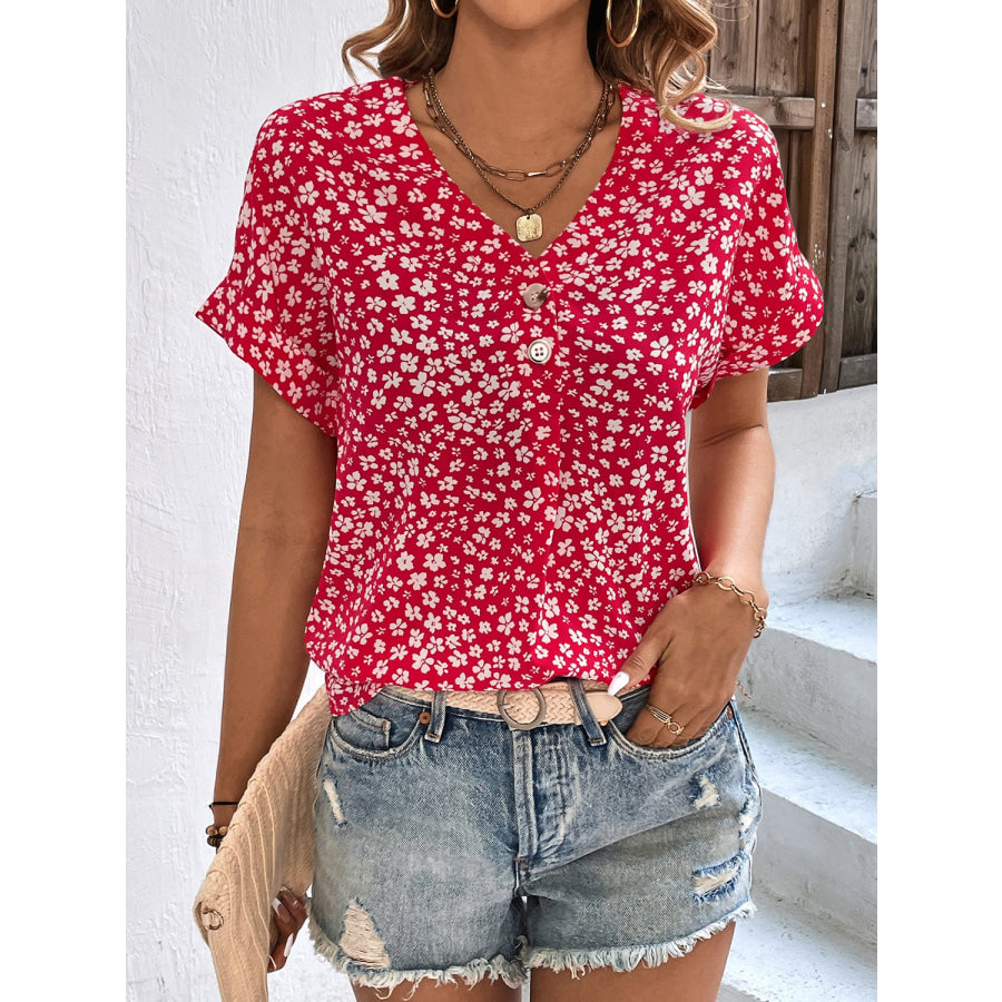 Printed V-Neck Short Sleeve Blouse Apparel and Accessories