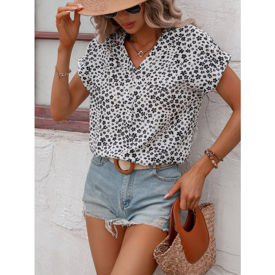 Printed V-Neck Short Sleeve Blouse Apparel and Accessories