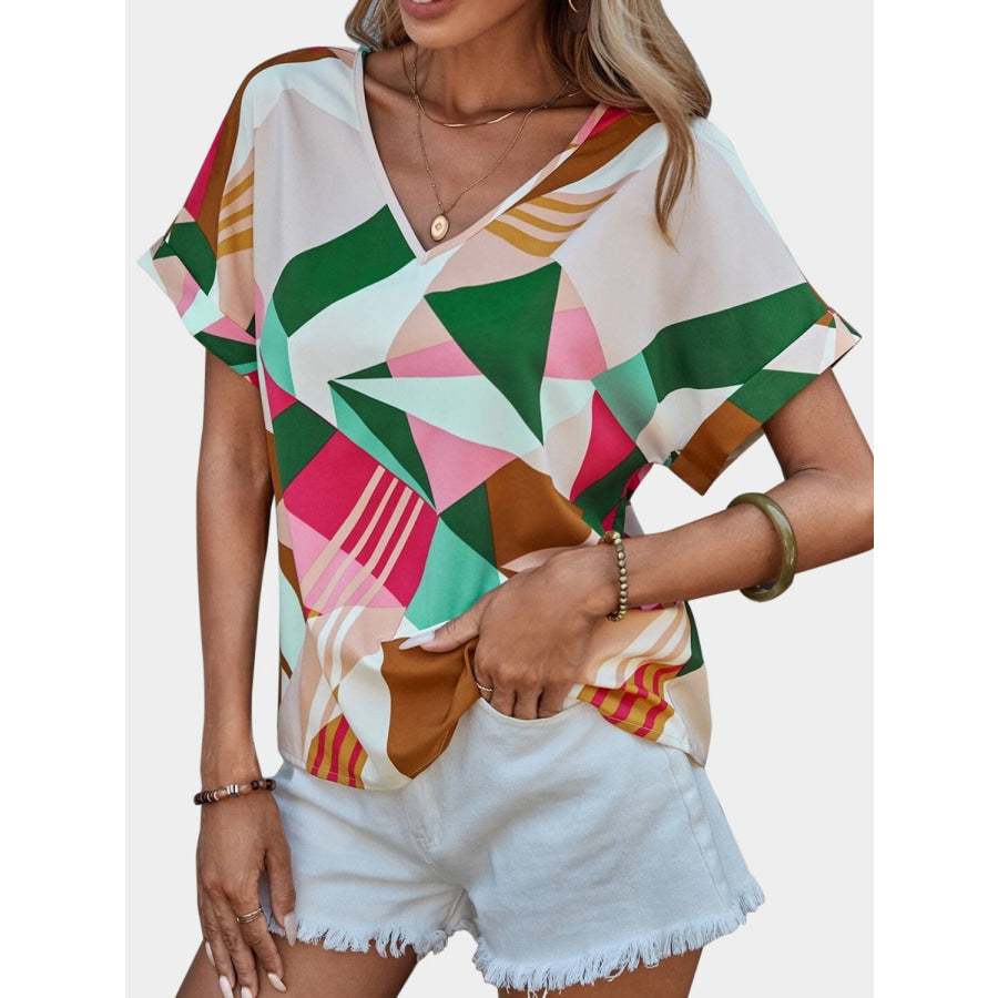 Printed V - Neck Short Sleeve Blouse Apparel and Accessories