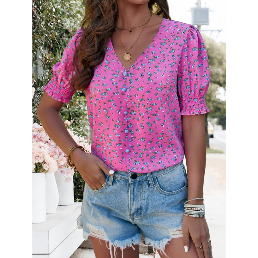 Printed V-Neck Short Sleeve Blouse Apparel and Accessories