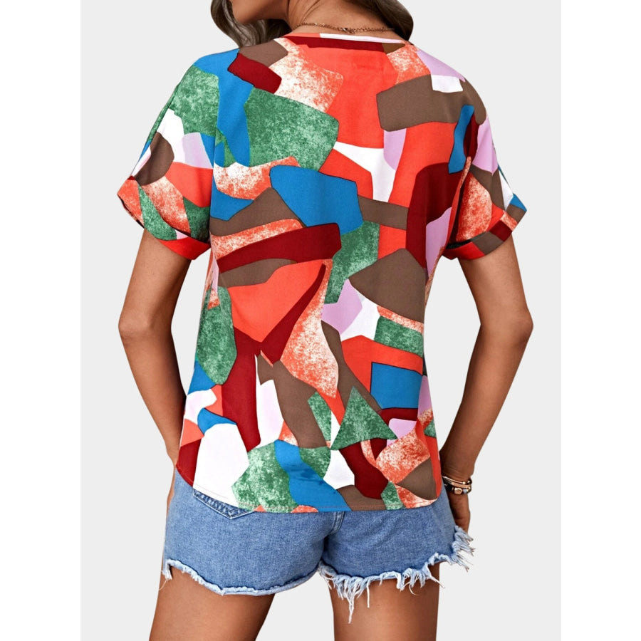 Printed V - Neck Short Sleeve Blouse Apparel and Accessories