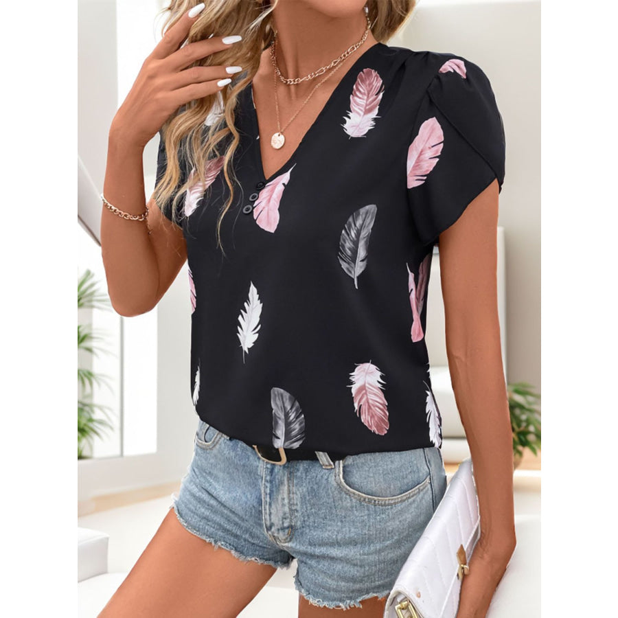 Printed V-Neck Short Sleeve Blouse Apparel and Accessories