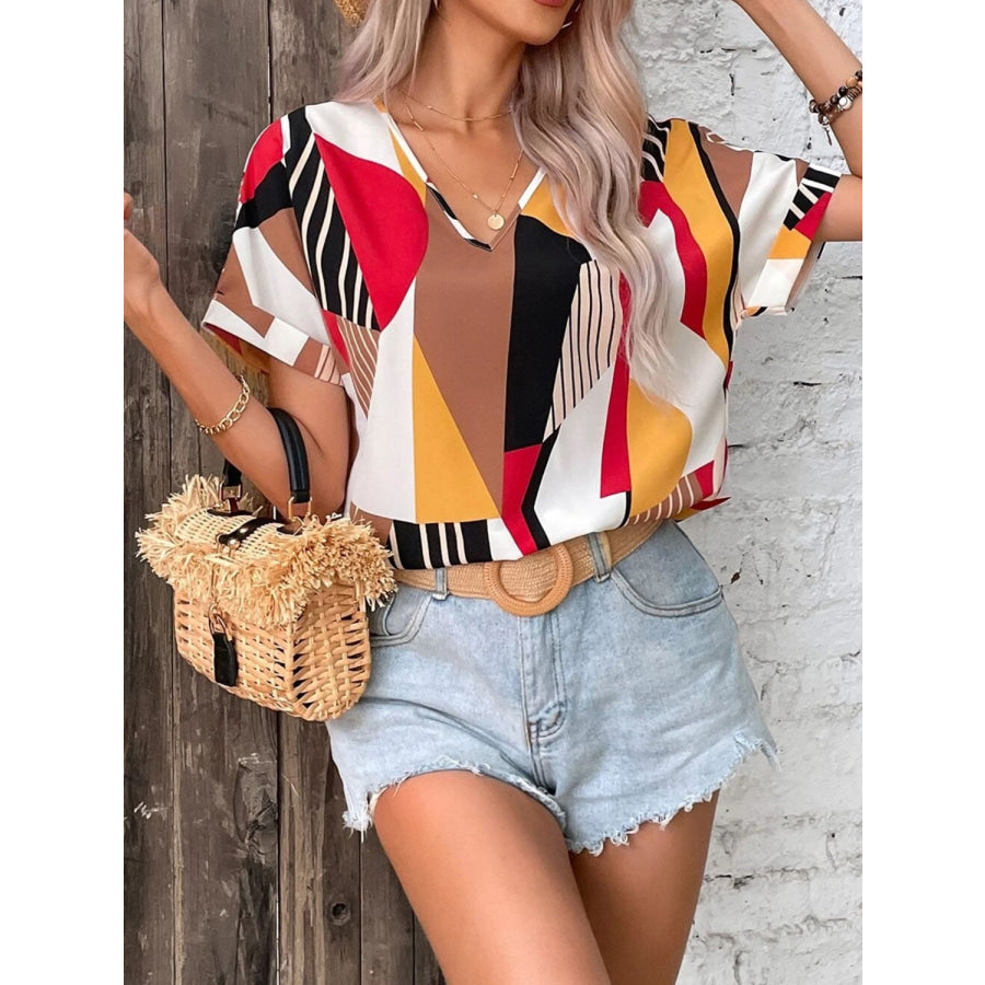 Printed V - Neck Short Sleeve Blouse Apparel and Accessories