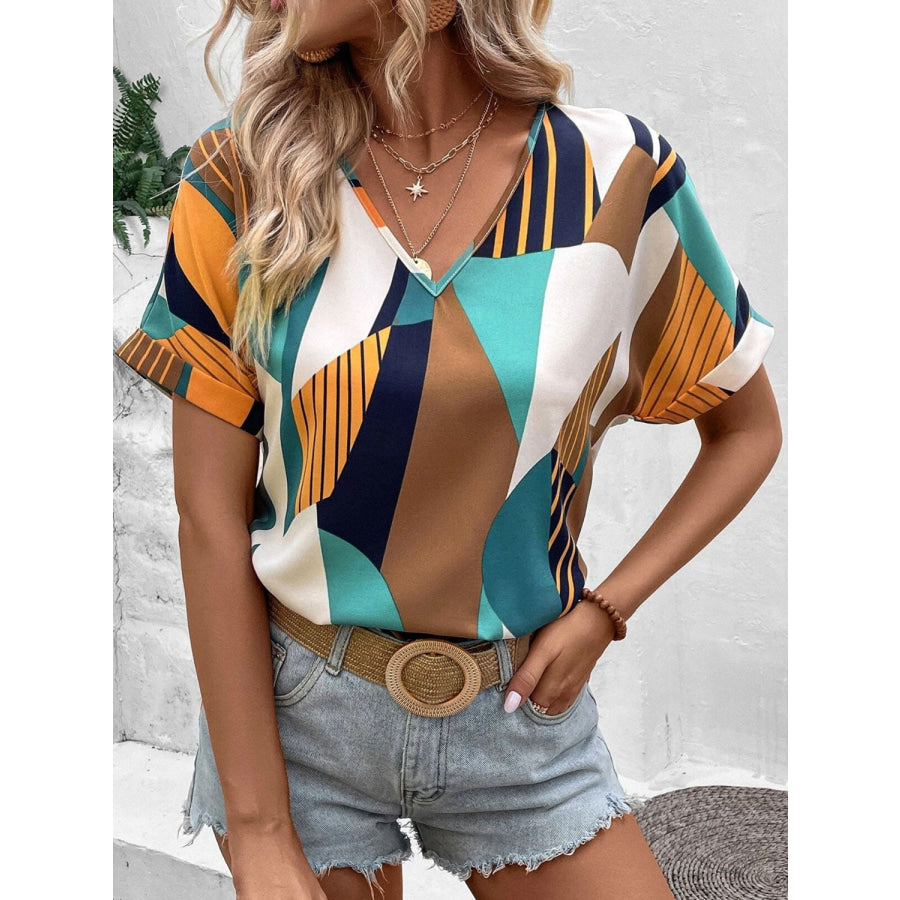 Printed V - Neck Short Sleeve Blouse Apparel and Accessories