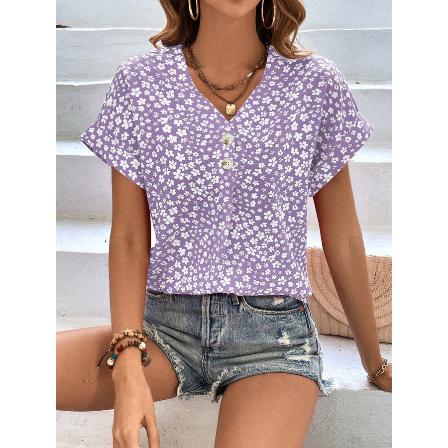 Printed V-Neck Short Sleeve Blouse Apparel and Accessories