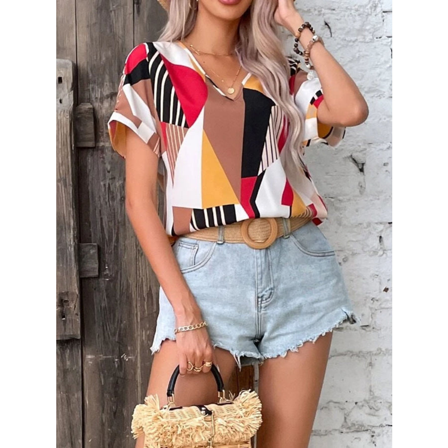 Printed V - Neck Short Sleeve Blouse Apparel and Accessories