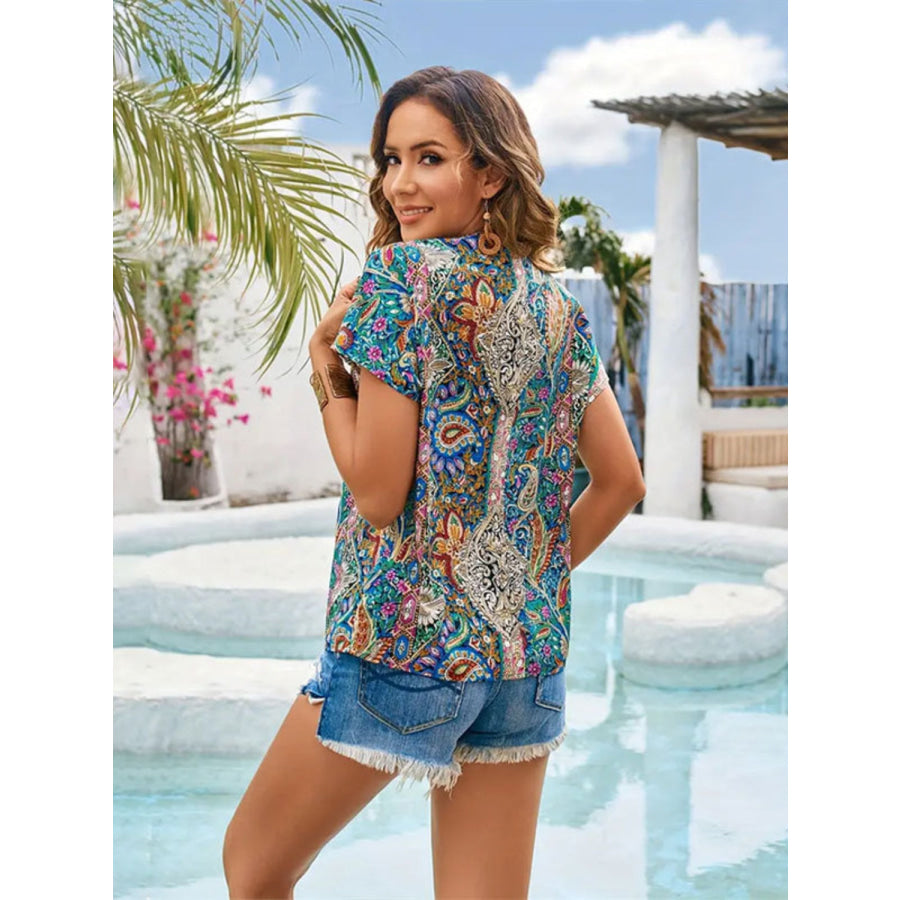 Printed V-Neck Short Sleeve Blouse Apparel and Accessories