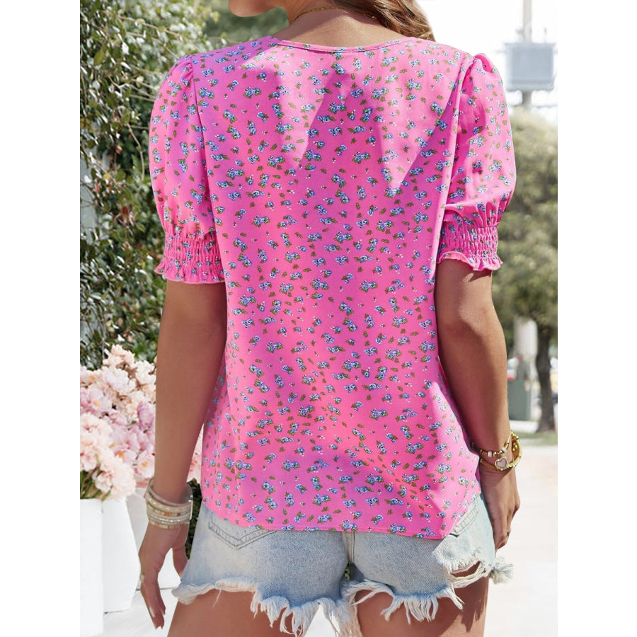 Printed V-Neck Short Sleeve Blouse Apparel and Accessories