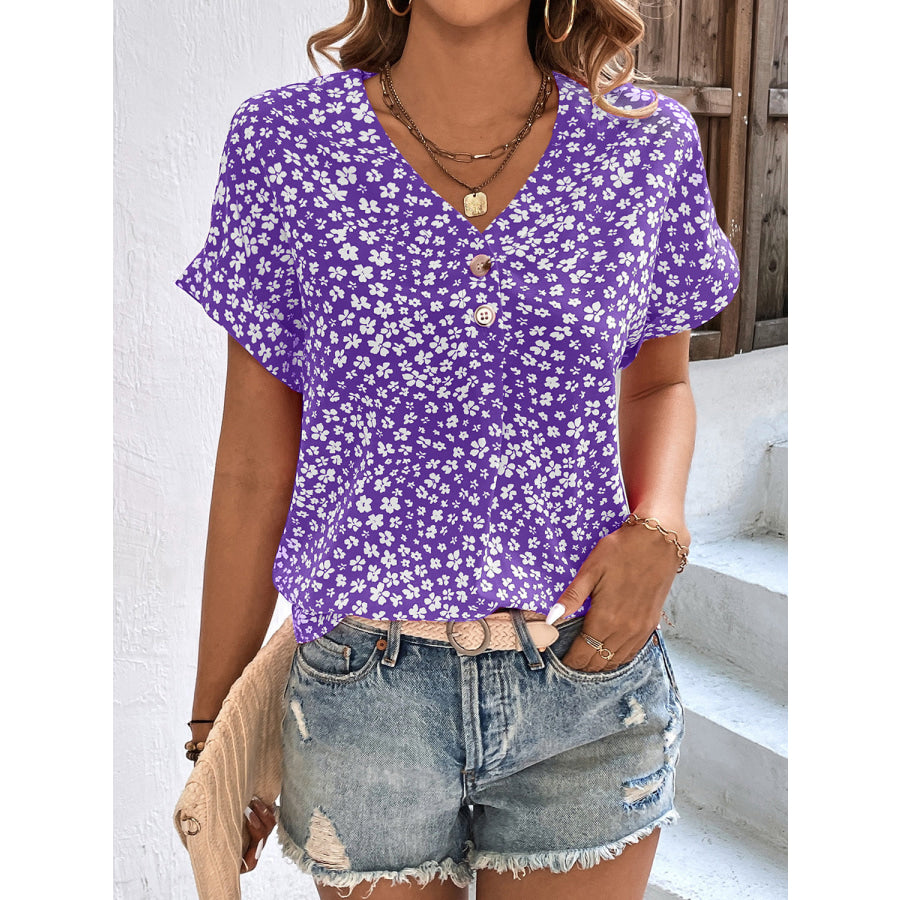 Printed V-Neck Short Sleeve Blouse Apparel and Accessories