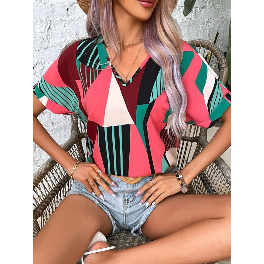 Printed V - Neck Short Sleeve Blouse Apparel and Accessories