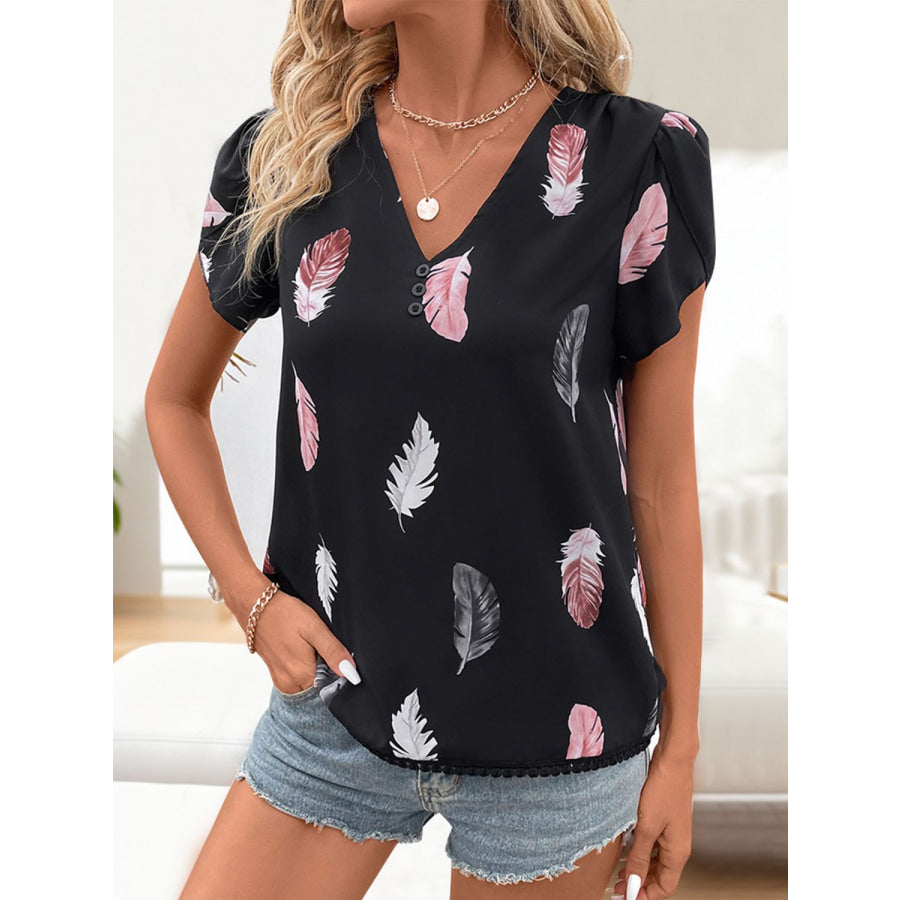 Printed V-Neck Short Sleeve Blouse Black / S Apparel and Accessories