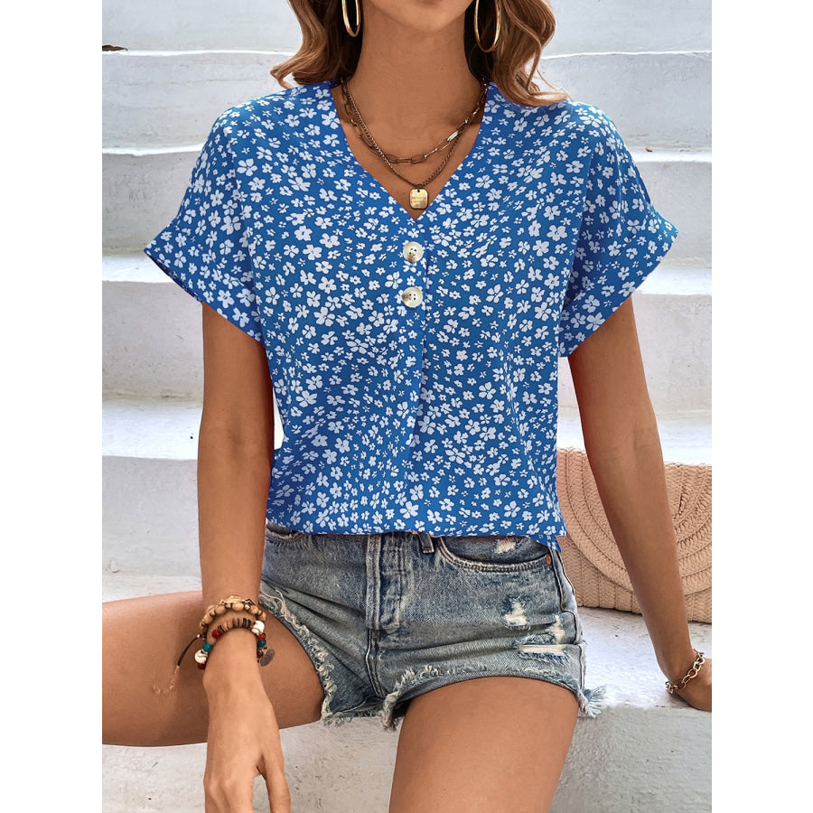 Printed V-Neck Short Sleeve Blouse Blue / S Apparel and Accessories