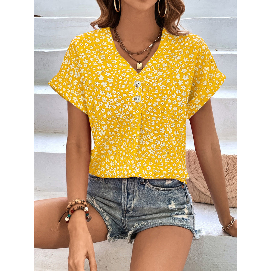 Printed V-Neck Short Sleeve Blouse Canary Yellow / S Apparel and Accessories