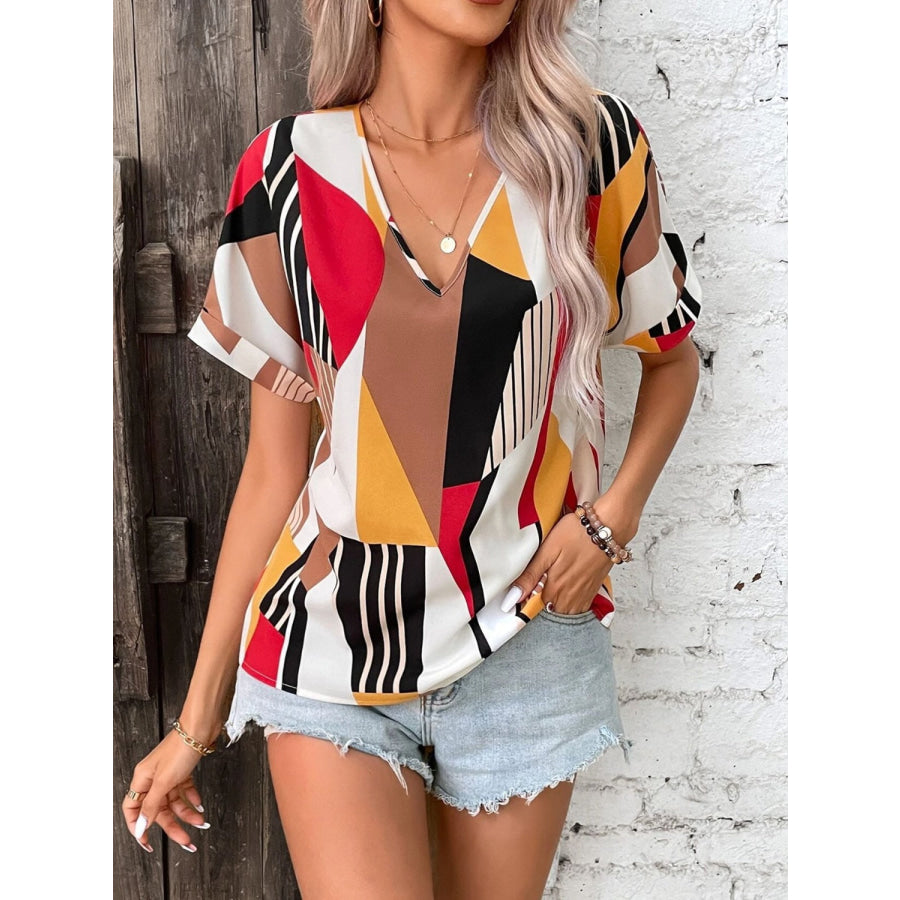 Printed V - Neck Short Sleeve Blouse Deep Red / S Apparel and Accessories