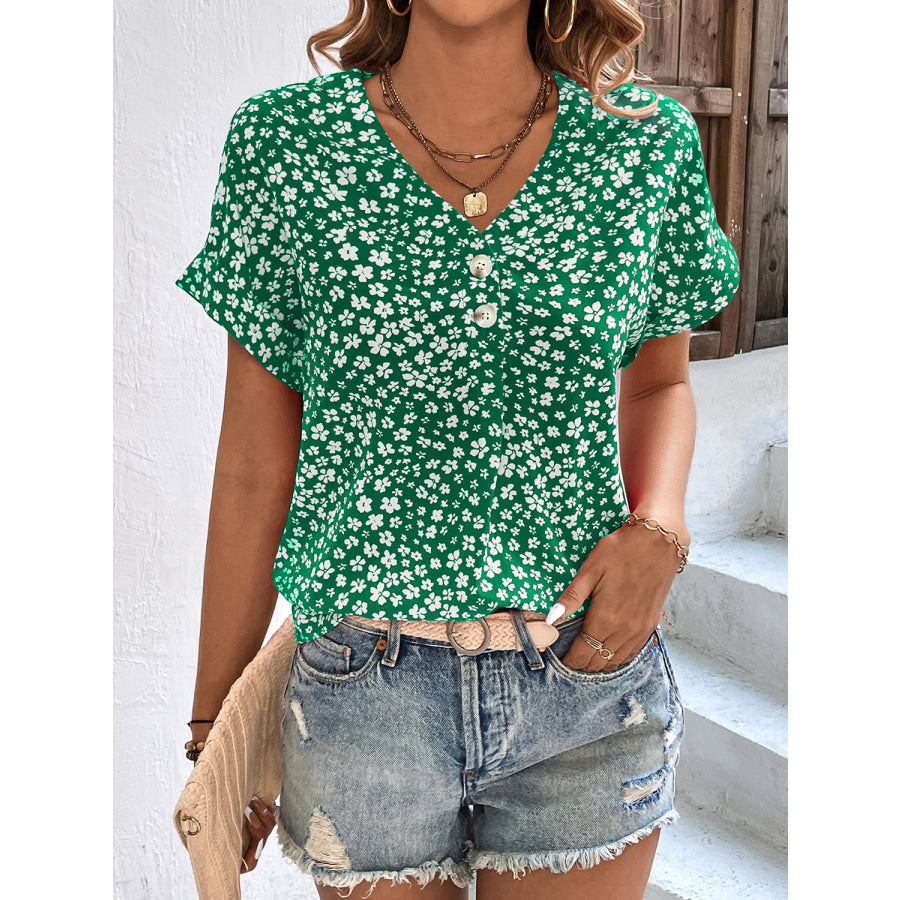 Printed V-Neck Short Sleeve Blouse Green / S Apparel and Accessories