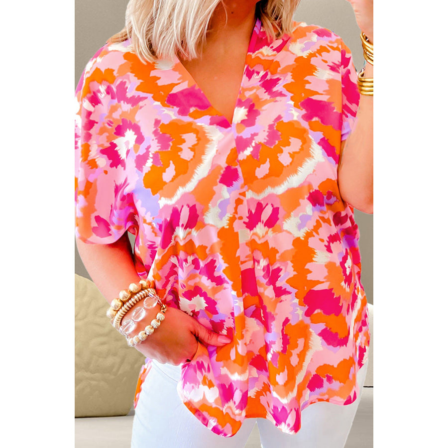 Printed V-Neck Short Sleeve Blouse Hot Pink / S Apparel and Accessories