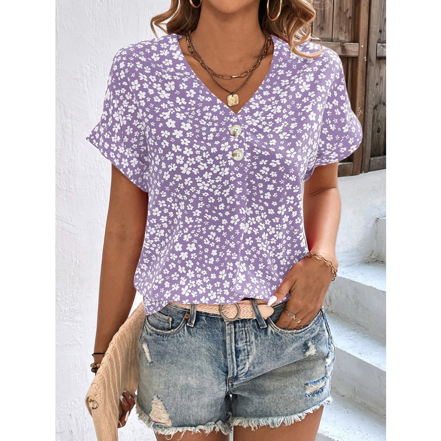 Printed V-Neck Short Sleeve Blouse Lavender / S Apparel and Accessories