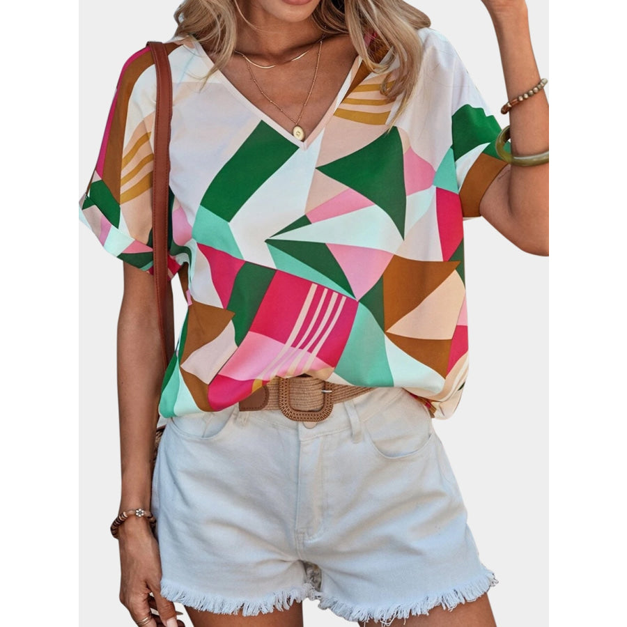 Printed V - Neck Short Sleeve Blouse Mid Green / S Apparel and Accessories