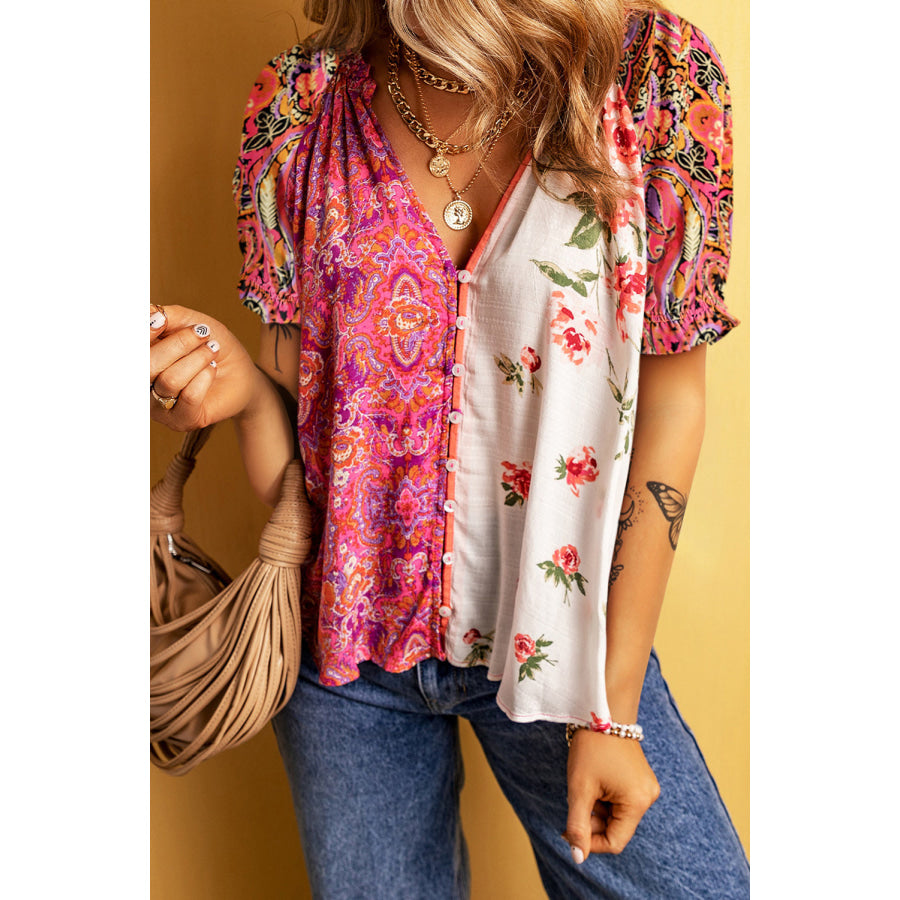 Printed V - Neck Short Sleeve Blouse Multicolor / S Apparel and Accessories
