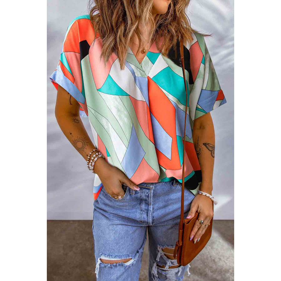 Printed V-Neck Short Sleeve Blouse Multicolor / S
