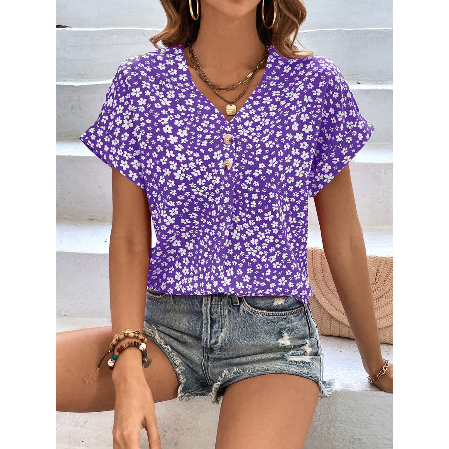 Printed V-Neck Short Sleeve Blouse Purple / S Apparel and Accessories