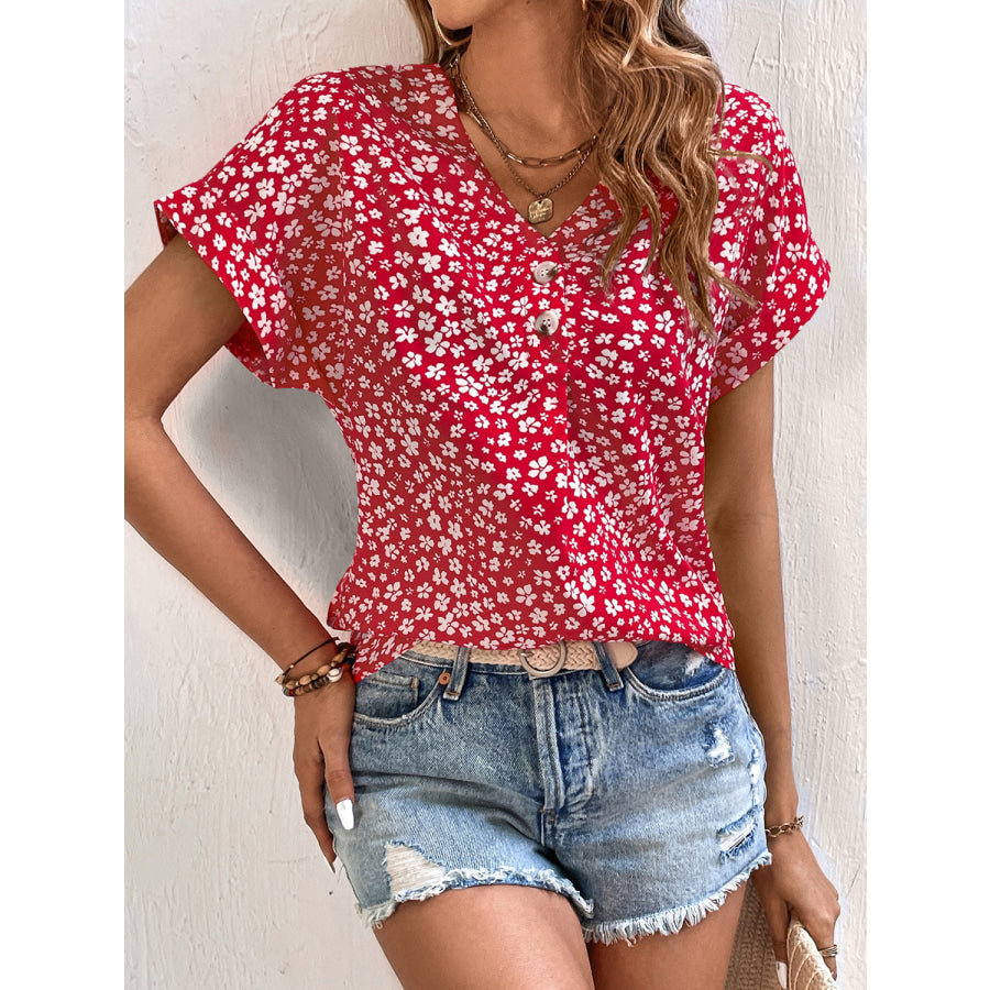 Printed V-Neck Short Sleeve Blouse Scarlet / S Apparel and Accessories