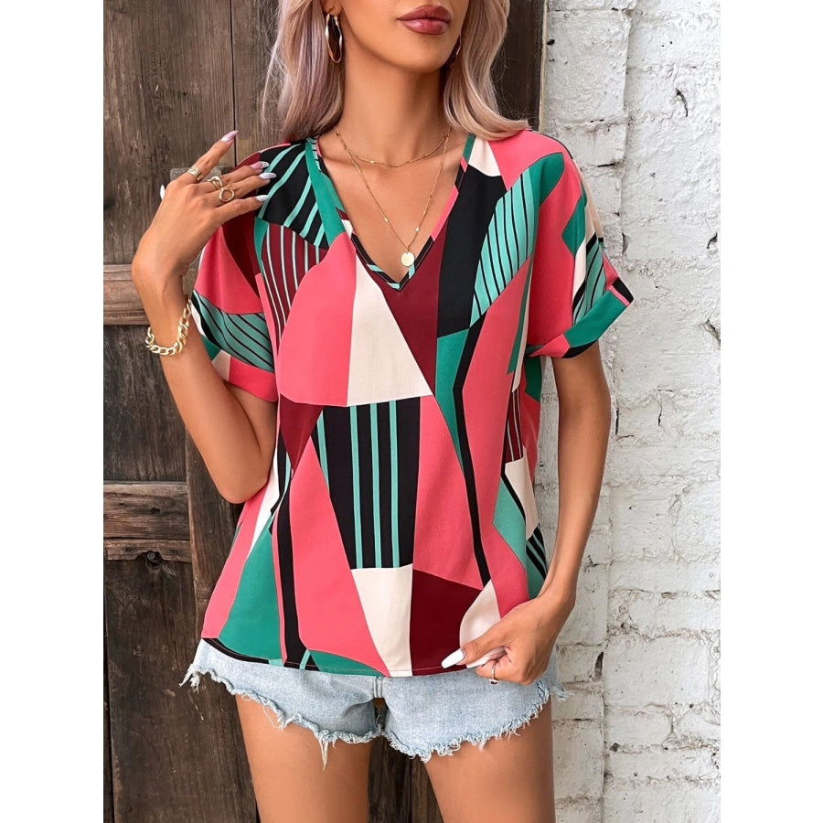 Printed V - Neck Short Sleeve Blouse Strawberry / S Apparel and Accessories