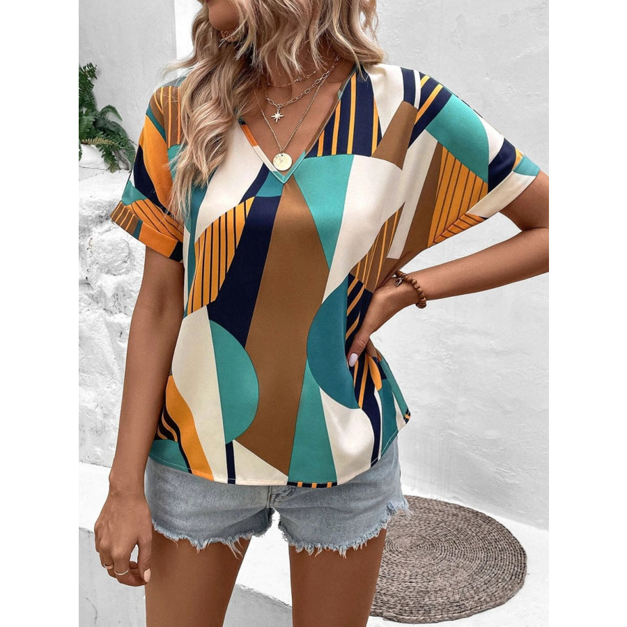 Printed V - Neck Short Sleeve Blouse Turquoise / S Apparel and Accessories