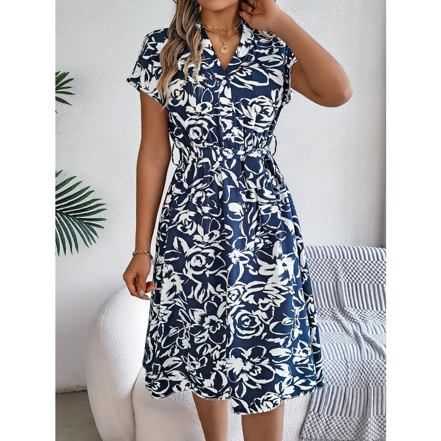 Printed V-Neck Short Sleeve Dress Apparel and Accessories