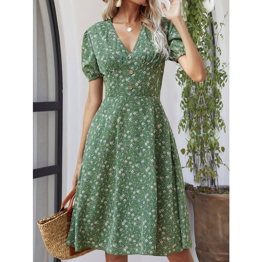 Printed V-Neck Short Sleeve Dress Apparel and Accessories