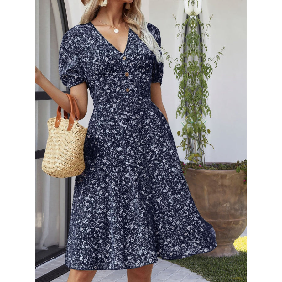 Printed V-Neck Short Sleeve Dress Apparel and Accessories