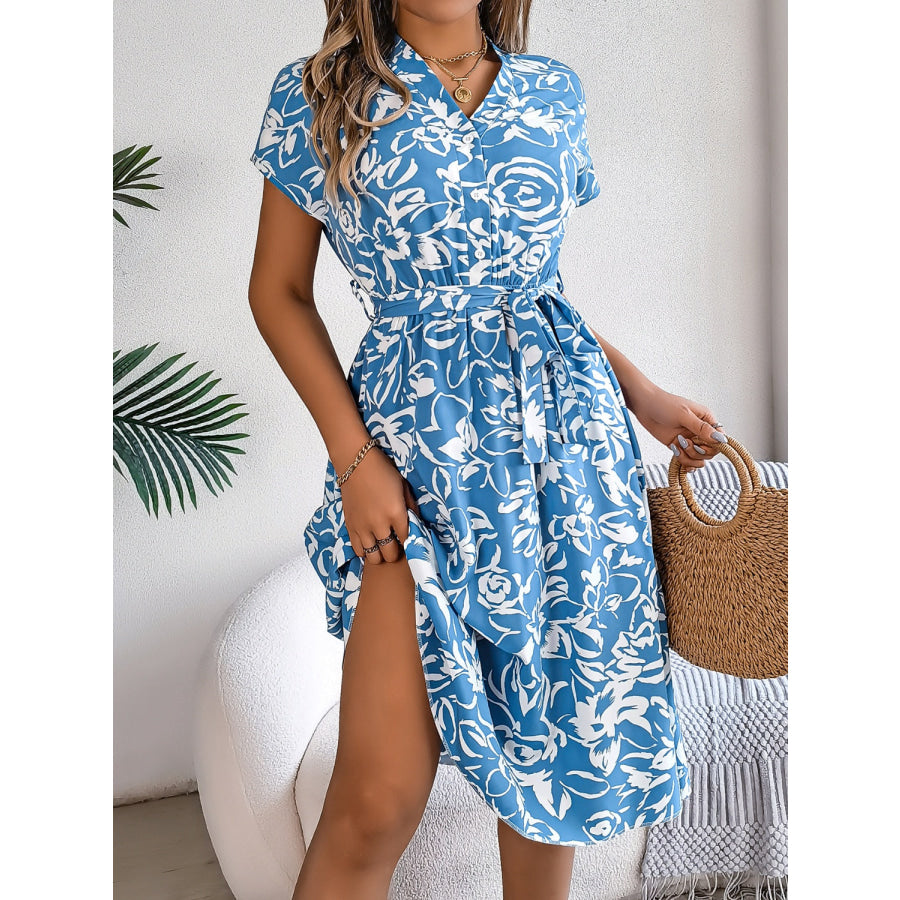 Printed V-Neck Short Sleeve Dress Apparel and Accessories