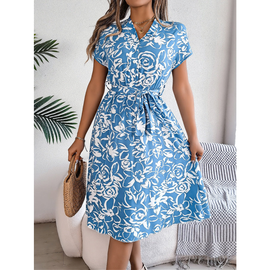 Printed V-Neck Short Sleeve Dress Apparel and Accessories