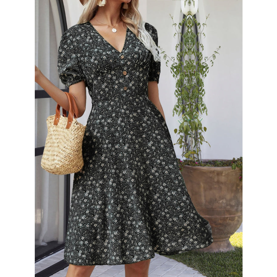 Printed V-Neck Short Sleeve Dress Apparel and Accessories