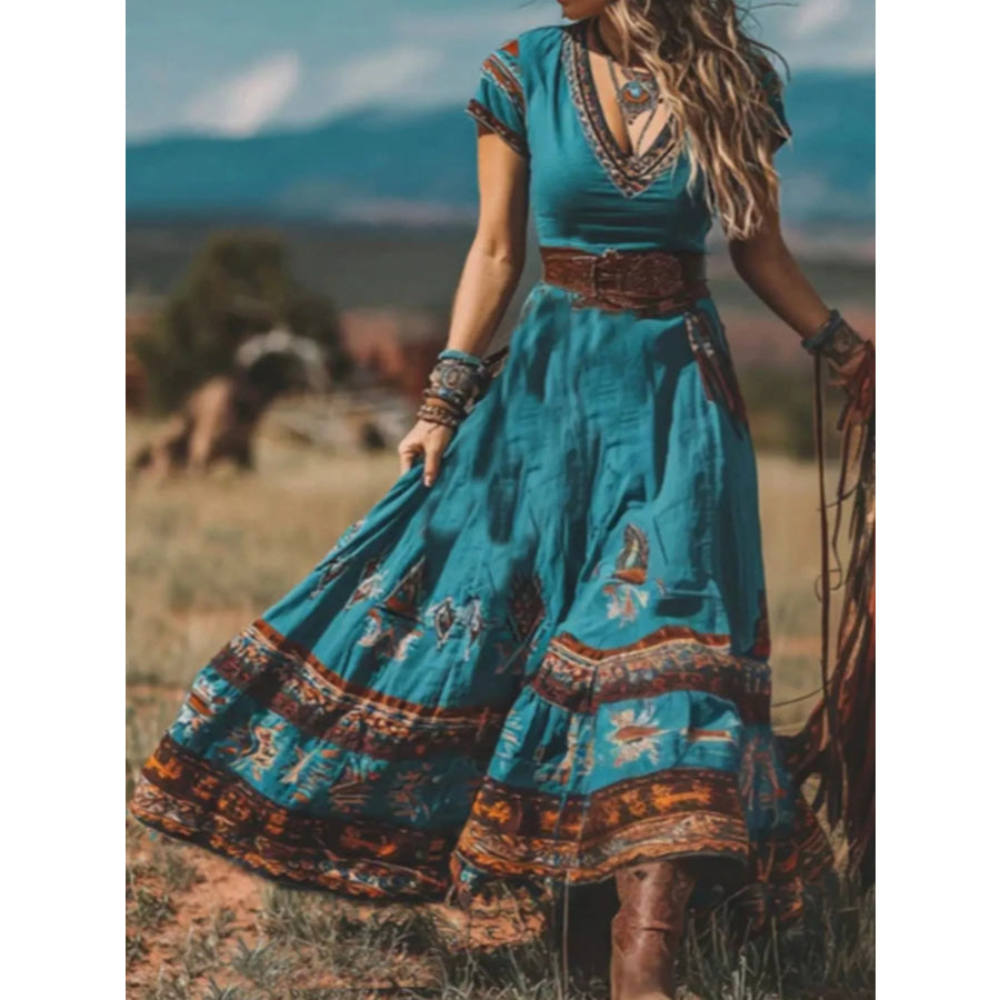 Printed V-Neck Short Sleeve Dress Apparel and Accessories