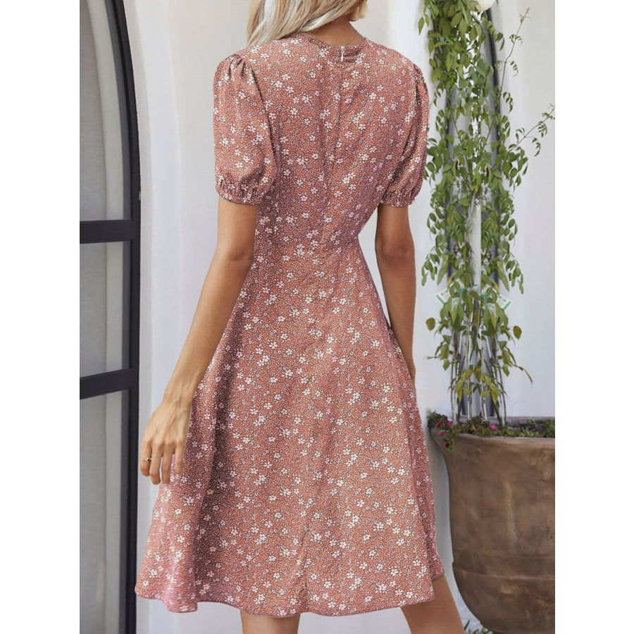 Printed V-Neck Short Sleeve Dress Dusty Pink / S Apparel and Accessories