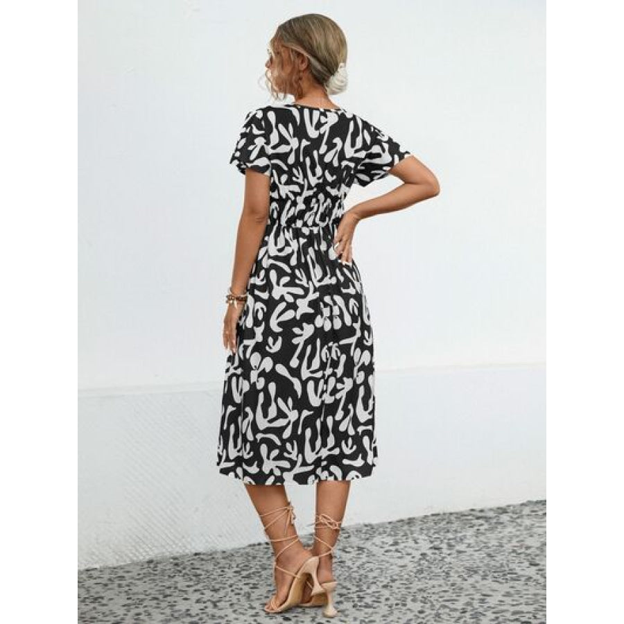 Printed V - Neck Short Sleeve Dress Black / S Apparel and Accessories