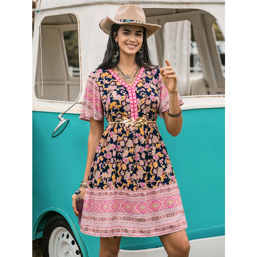 Printed V-Neck Short Sleeve Dress Apparel and Accessories