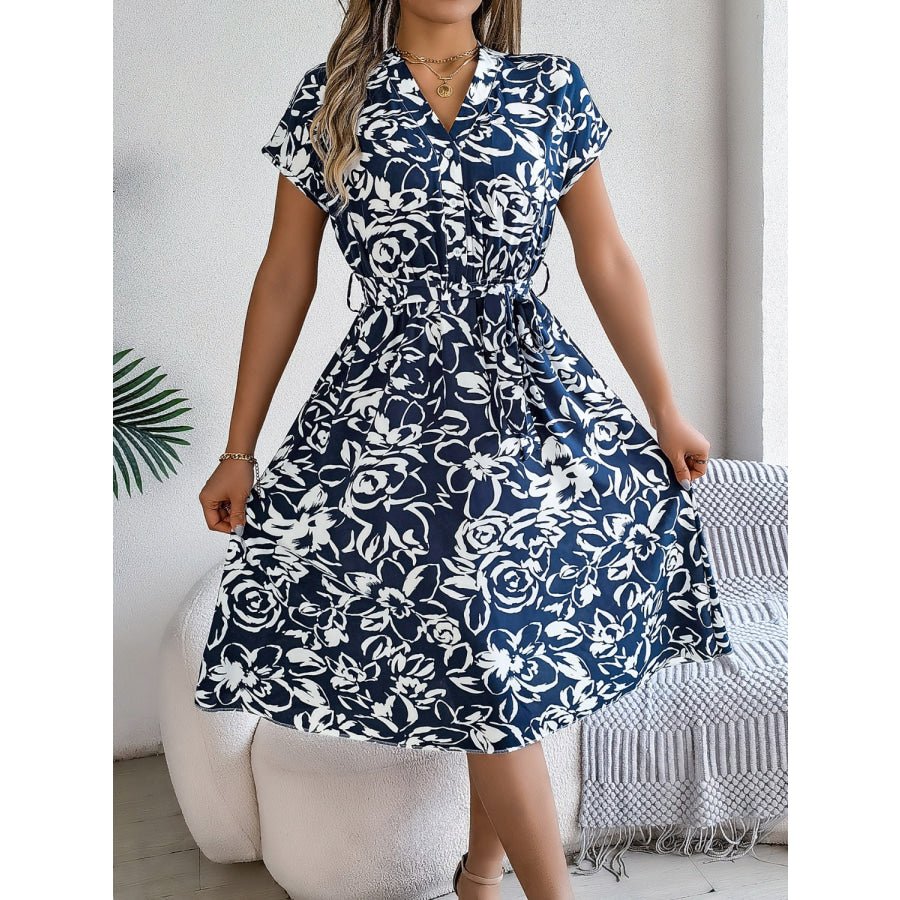 Printed V-Neck Short Sleeve Dress Apparel and Accessories