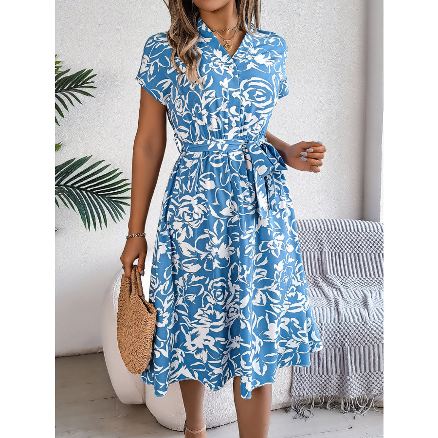 Printed V-Neck Short Sleeve Dress Apparel and Accessories