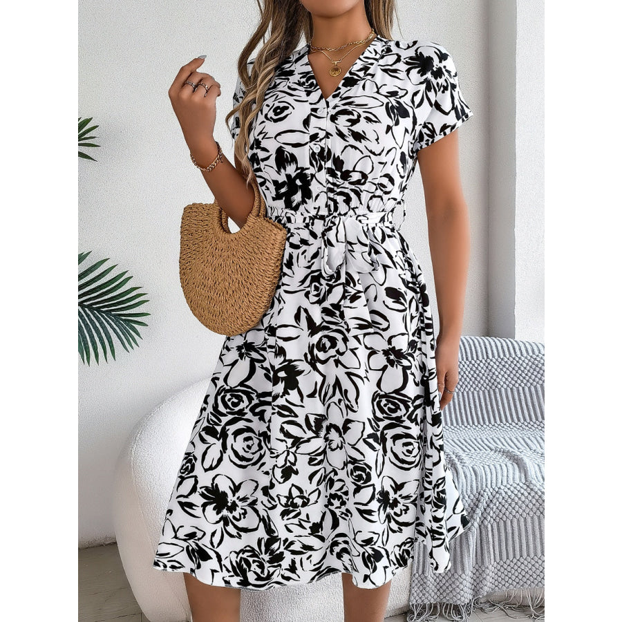 Printed V-Neck Short Sleeve Dress Apparel and Accessories