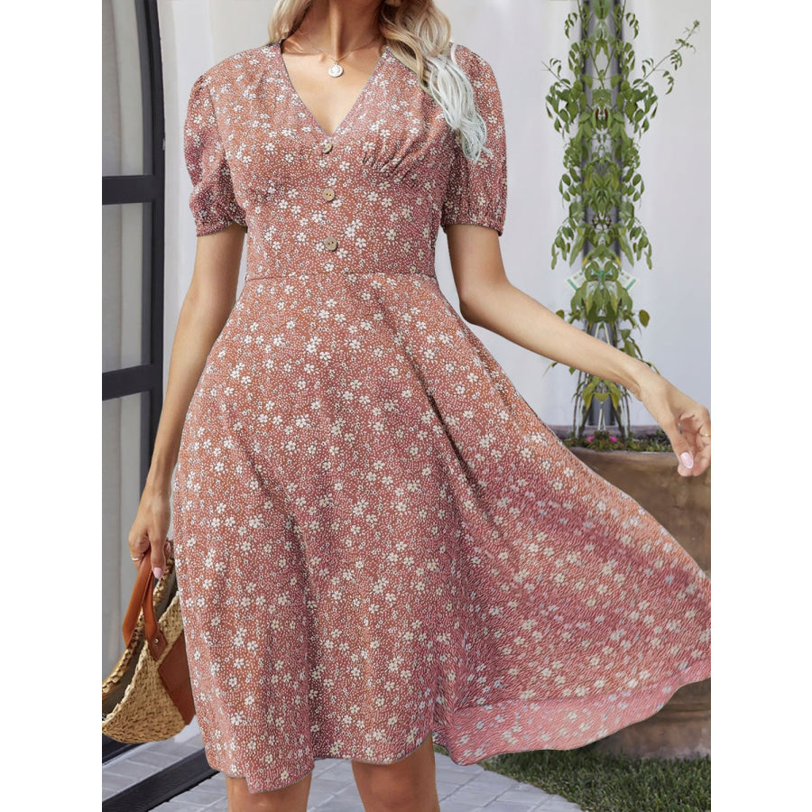 Printed V-Neck Short Sleeve Dress Apparel and Accessories