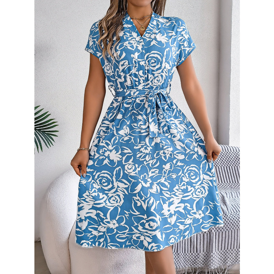 Printed V-Neck Short Sleeve Dress Apparel and Accessories