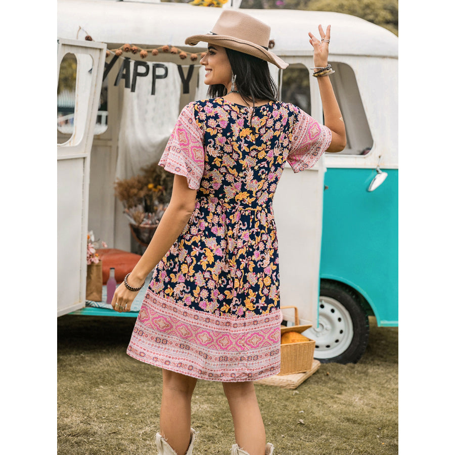 Printed V-Neck Short Sleeve Dress Apparel and Accessories