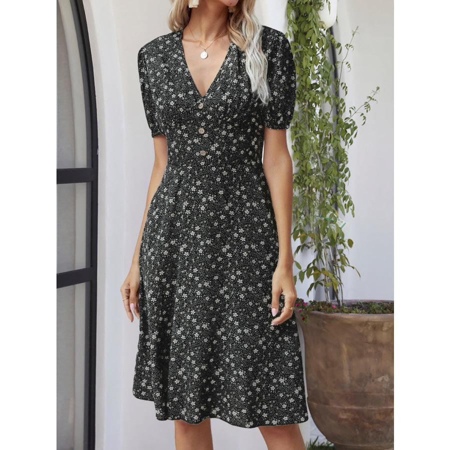 Printed V-Neck Short Sleeve Dress Apparel and Accessories