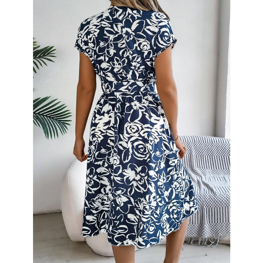 Printed V-Neck Short Sleeve Dress Apparel and Accessories