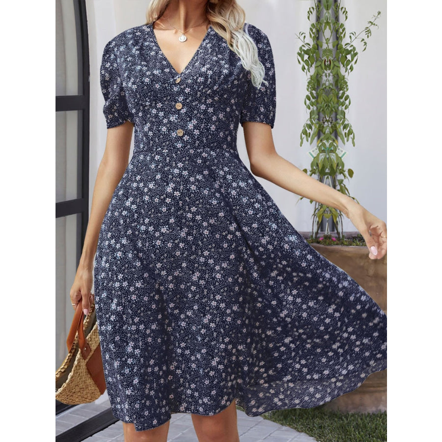 Printed V-Neck Short Sleeve Dress Apparel and Accessories